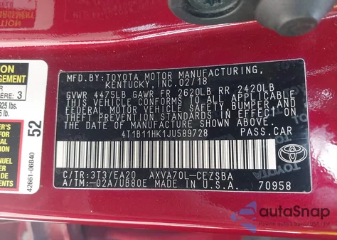 2018 Toyota Camry Se из США, поврежденный, VIN 4T1B11HK1JU589728